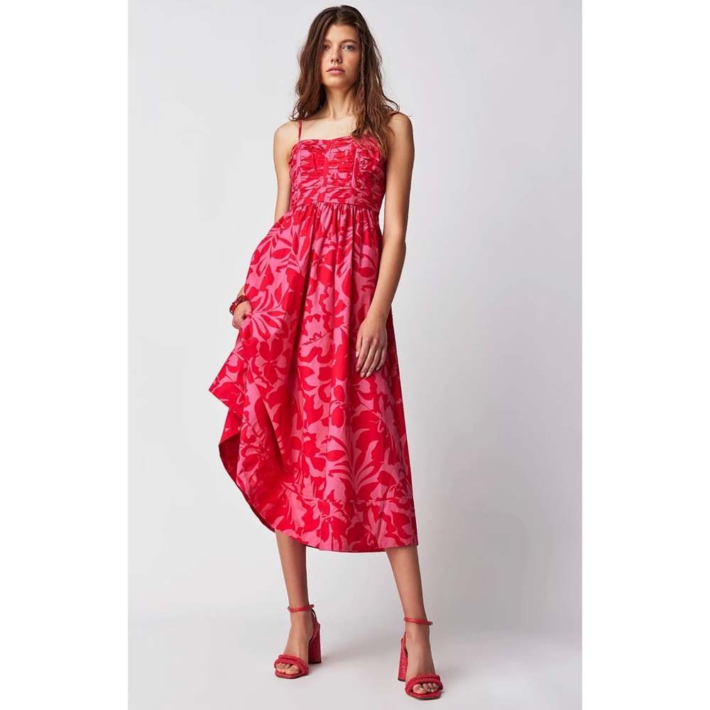 Shona Joy Antonia Midi Dress Size 6 Red Pink Floral Ruched Bodice Strappy Summer
